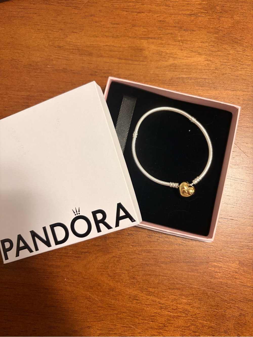 Pandora Silver & Gold Heart Clasp Snake Chain Bracelet